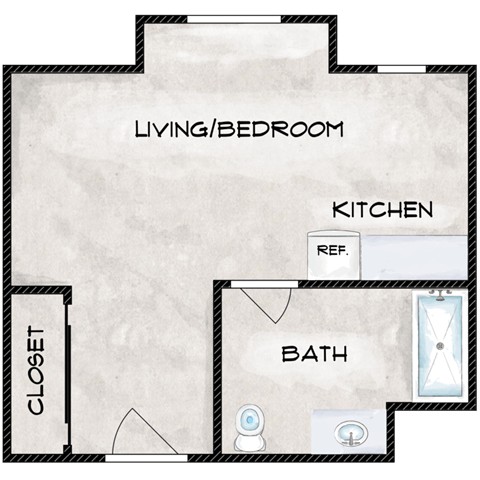 Floor plan for studio, 1 bath, 295 sqft